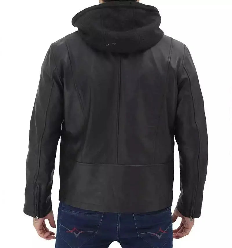 Jonathan Mens Black Cafe Racer Leather Jacket with Removable Hood - Orca Cloths