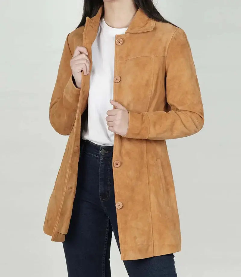 Kandis Brown Women's Suede Car Coat - Orca Cloths