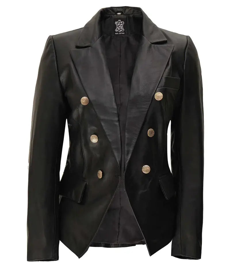 Kim Kardashian Double Breasted Black Leather Blazer - Orca Cloths