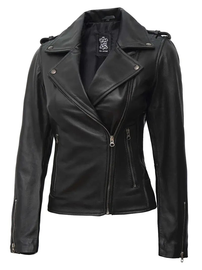 Kirsten Women's Black Asymmetrical Leather Motorcycle Jacket - Orca Cloths