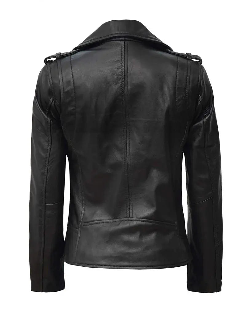 Kirsten Women's Black Asymmetrical Leather Motorcycle Jacket - Orca Cloths