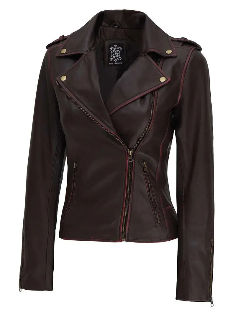 Kirsten Womens Dark Brown Asymmetrical Leather Biker Jacket - Orca Cloths