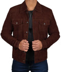 Logan Men's Dark Brown Suede Trucker Jacket - Orca Cloths