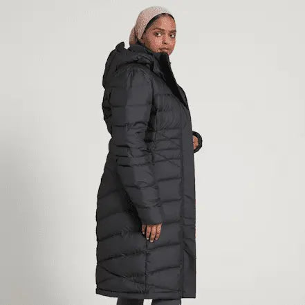 Long Down Women's Puffer Jacket with Hood – Sustainable, Warm & Water-Resistant