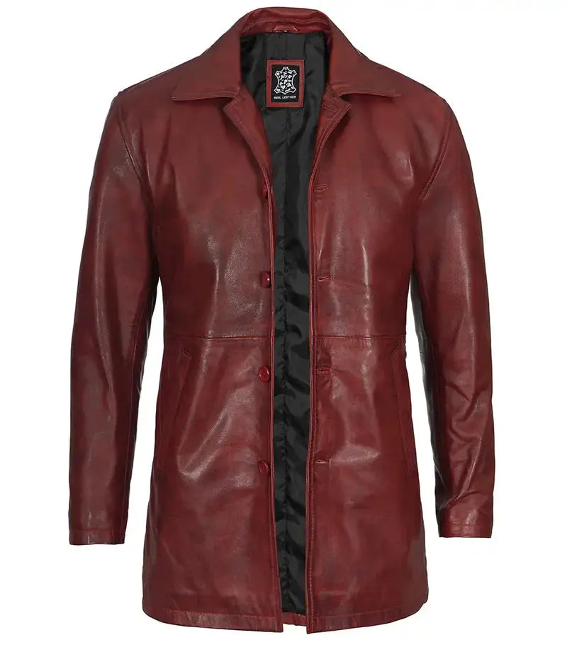 Maroon Real Lambskin Leather Car Coat For Men - Orca Cloths