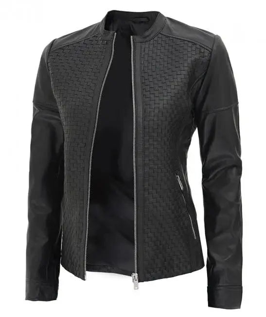 Maude Women's Black Textured Cafe Racer Leather Jacket - Orca Cloths