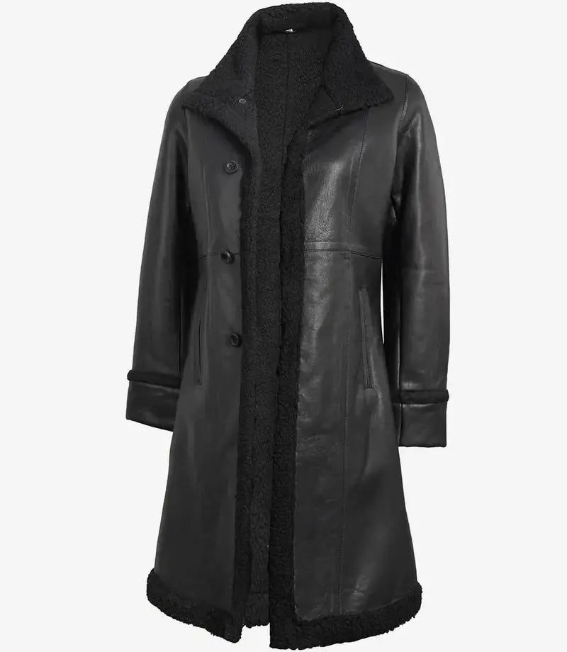 Maura Real Leather Black Shearling Long Coat Womens - Orca Cloths
