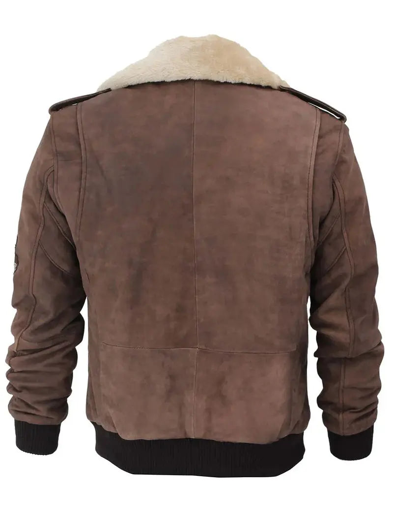 Men's Brown Suede Bomber Aviator Jacket with Removeable Shearling Collar