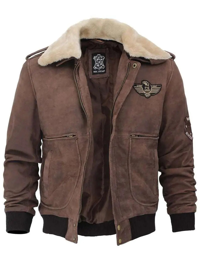 Men's Brown Suede Bomber Aviator Jacket with Removeable Shearling Collar