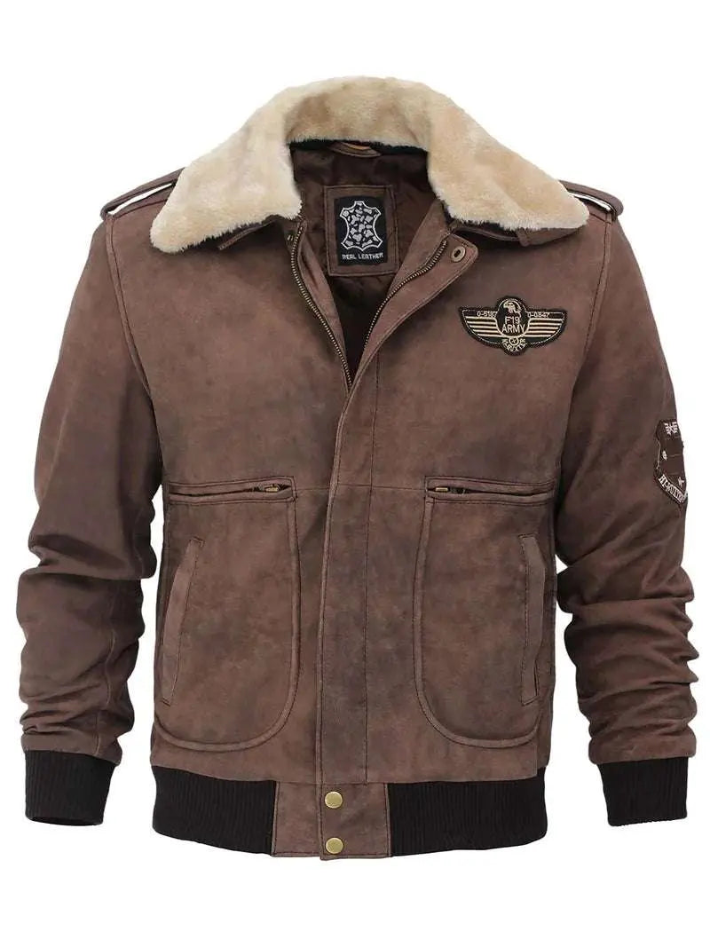 Men's Brown Suede Bomber Aviator Jacket with Removeable Shearling Collar