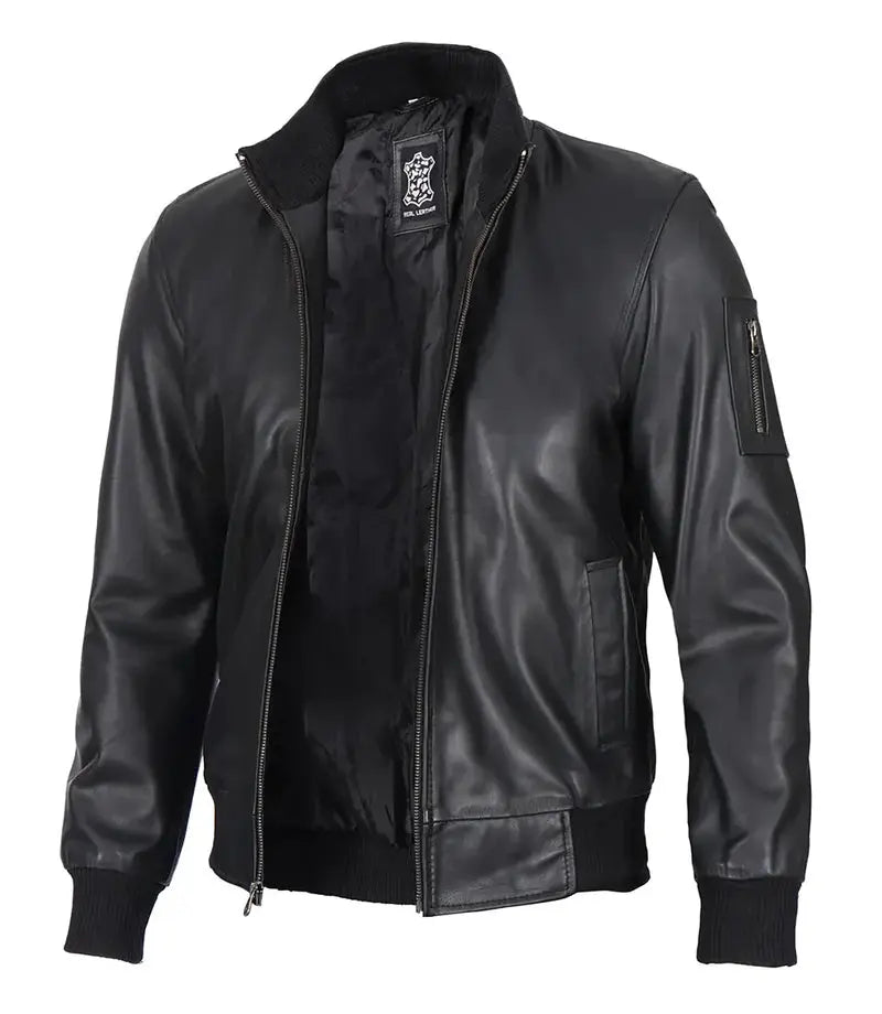 Men's Cafe Racer Black Leather Bomber Jacket - Orca Cloths