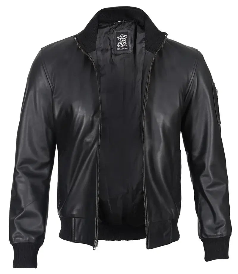 Men's Cafe Racer Black Leather Bomber Jacket - Orca Cloths