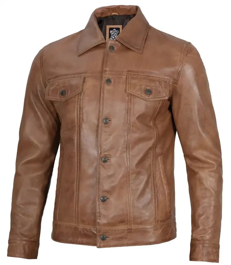 Men's Camel Brown Leather Trucker Jacket - Orca Cloths