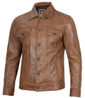 Men's Camel Brown Leather Trucker Jacket - Orca Cloths