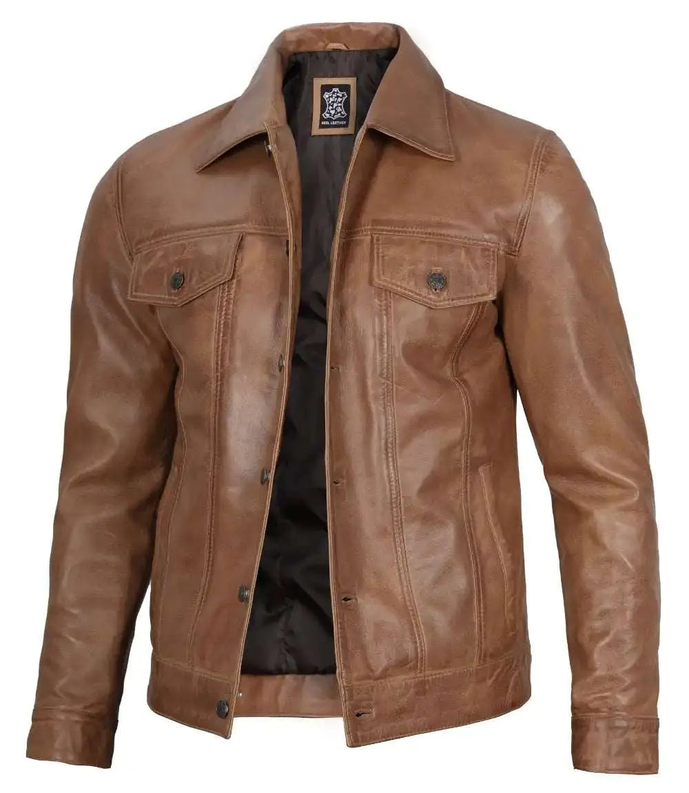 Men's Camel Brown Leather Trucker Jacket - Orca Cloths