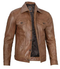 Men's Camel Brown Leather Trucker Jacket - Orca Cloths