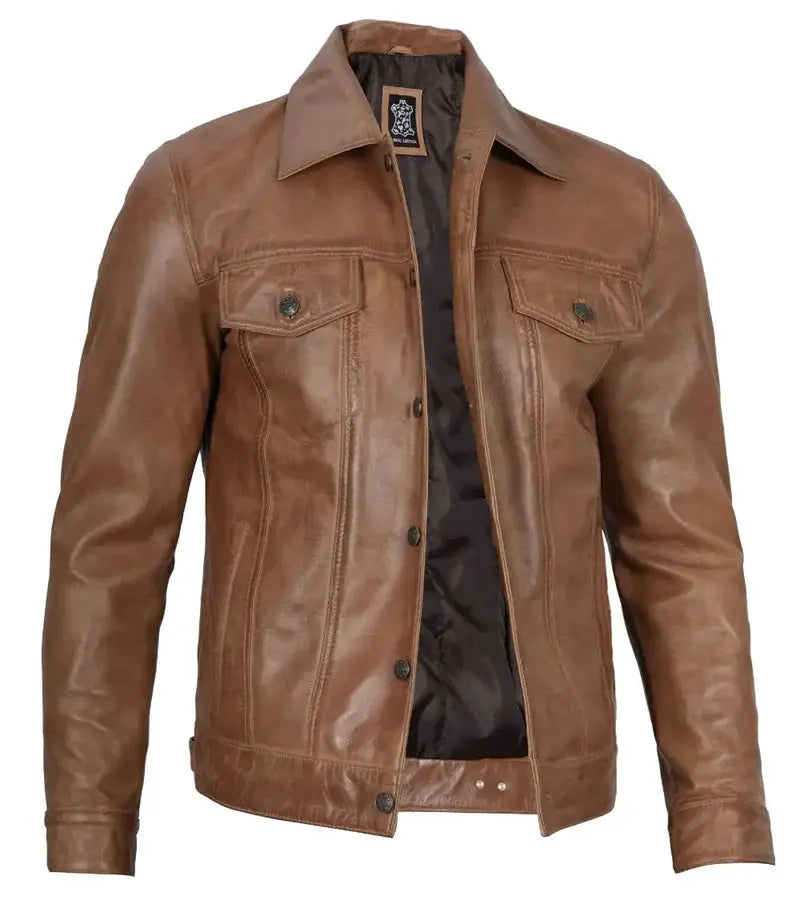 Men's Camel Brown Leather Trucker Jacket - Orca Cloths