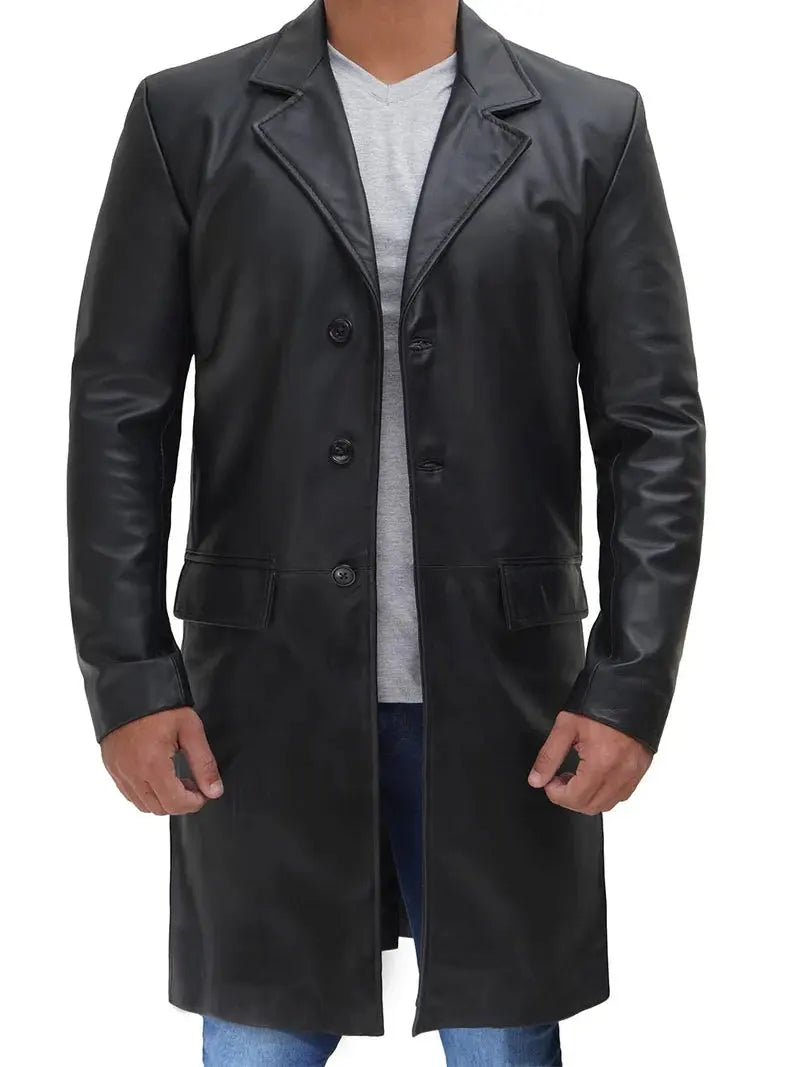 Men's Long Black Real Leather Trench Coat - Classic Walking Coat - Orca Cloths
