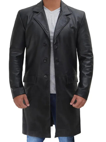 Men's Long Black Real Leather Trench Coat - Classic Walking Coat - Orca Cloths
