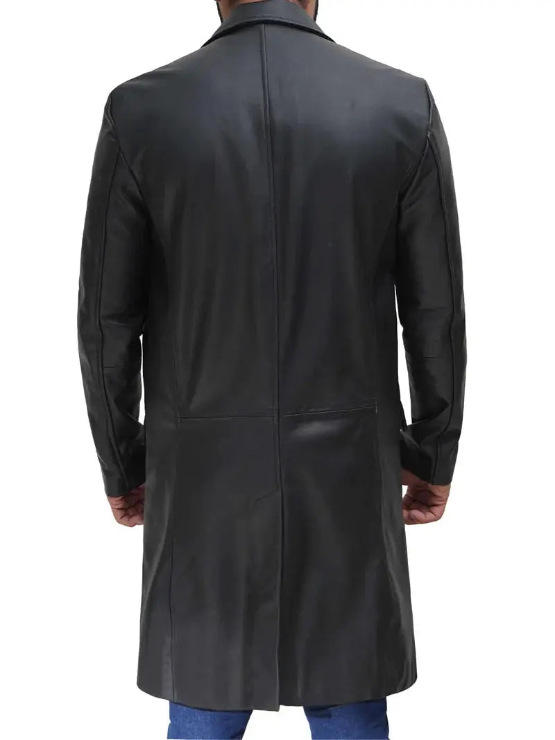 Men's Long Black Real Leather Trench Coat - Classic Walking Coat - Orca Cloths