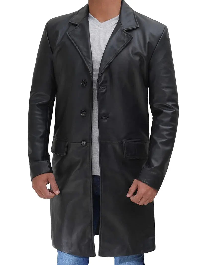 Men's Long Black Real Leather Trench Coat - Classic Walking Coat - Orca Cloths