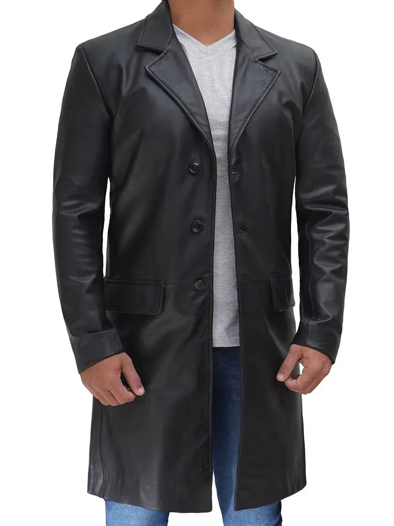 Men's Long Black Real Leather Trench Coat - Classic Walking Coat - Orca Cloths