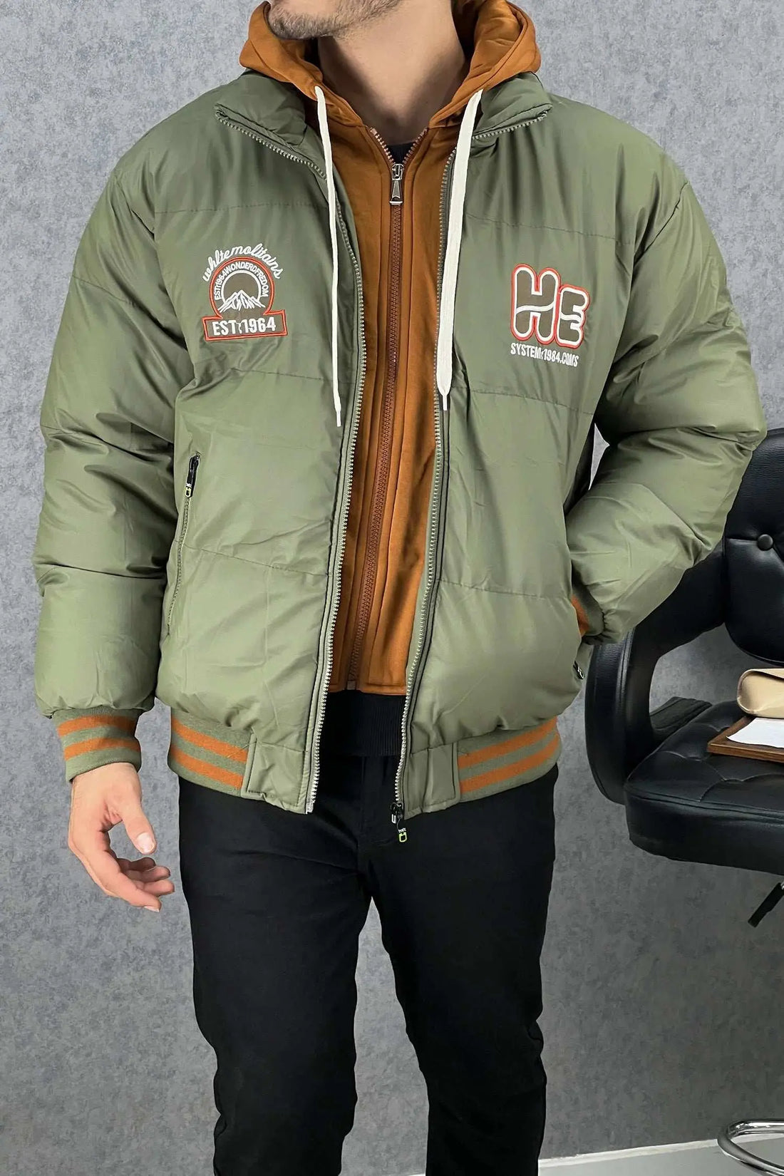 Men's Puffer Jacket with Contrast Hood – Olive Green