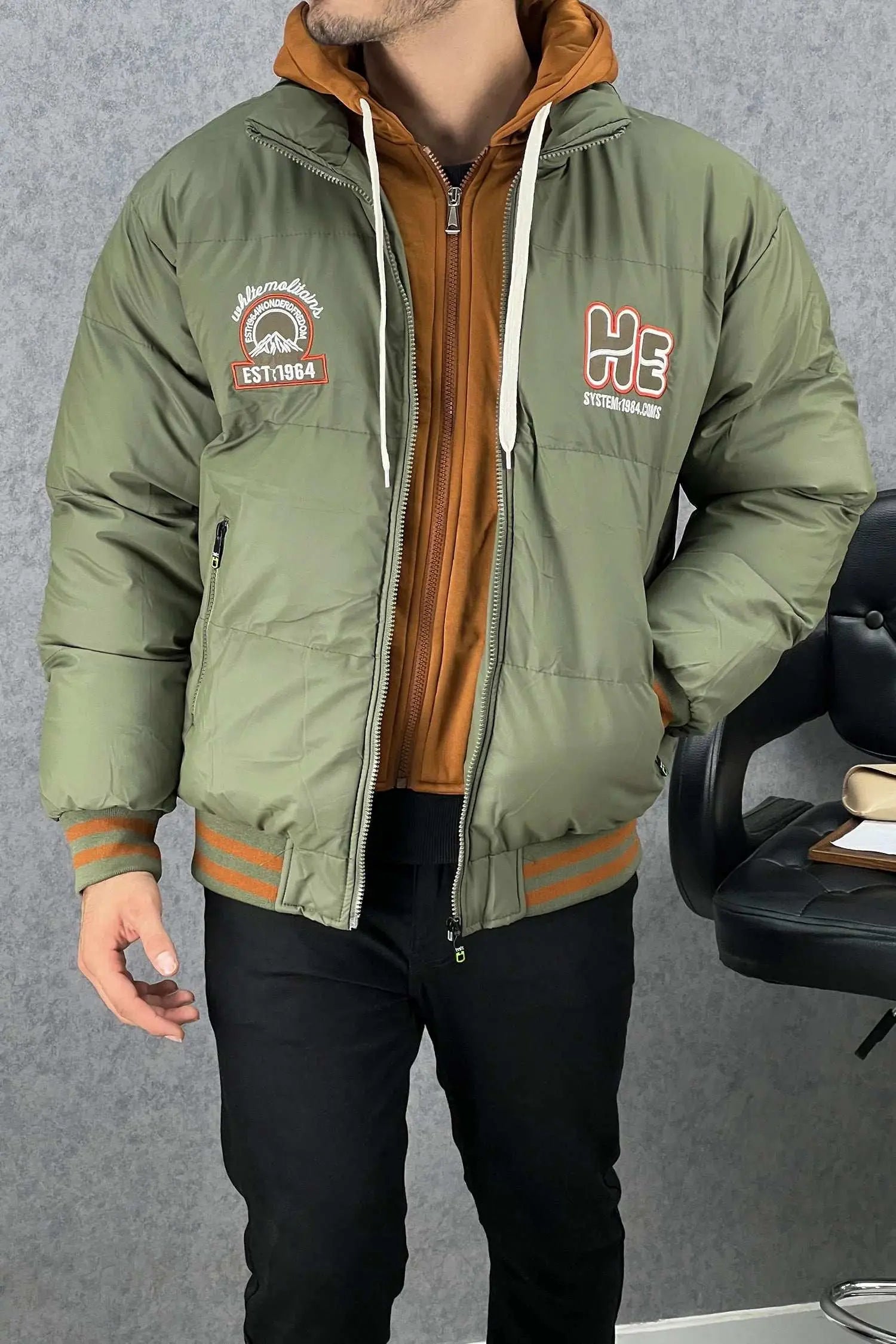 Men's Puffer Jacket with Contrast Hood – Olive Green
