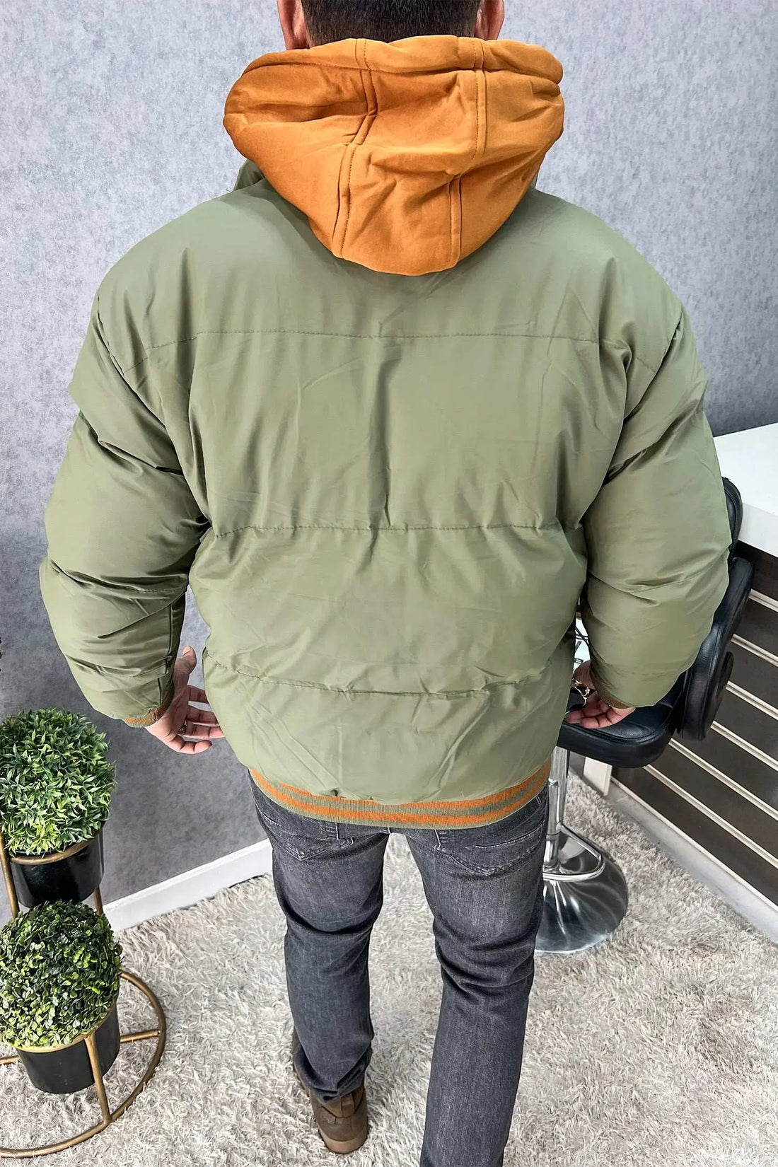Men's Puffer Jacket with Contrast Hood – Olive Green