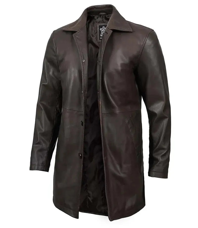 Men's Tall Distressed Dark Brown Leather Car Coat - Orca Cloths