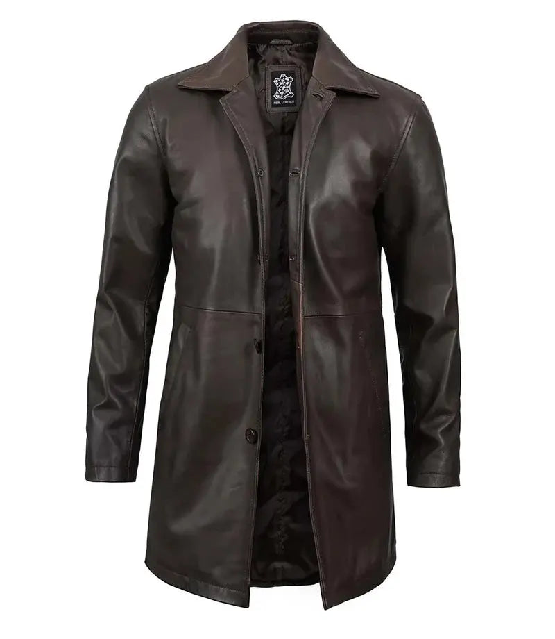 Men's Tall Distressed Dark Brown Leather Car Coat - Orca Cloths