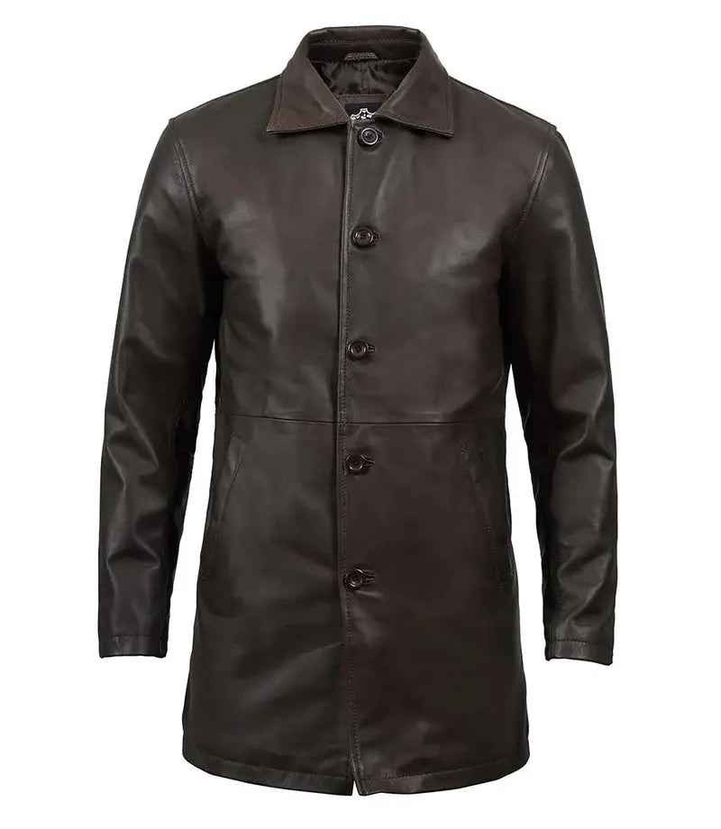 Men's Tall Distressed Dark Brown Leather Car Coat - Orca Cloths