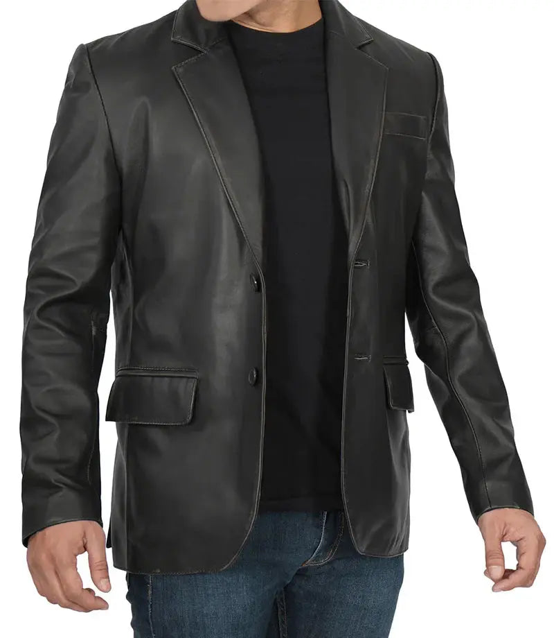 Men's Two Button Black Leather Blazer - Orca Cloths