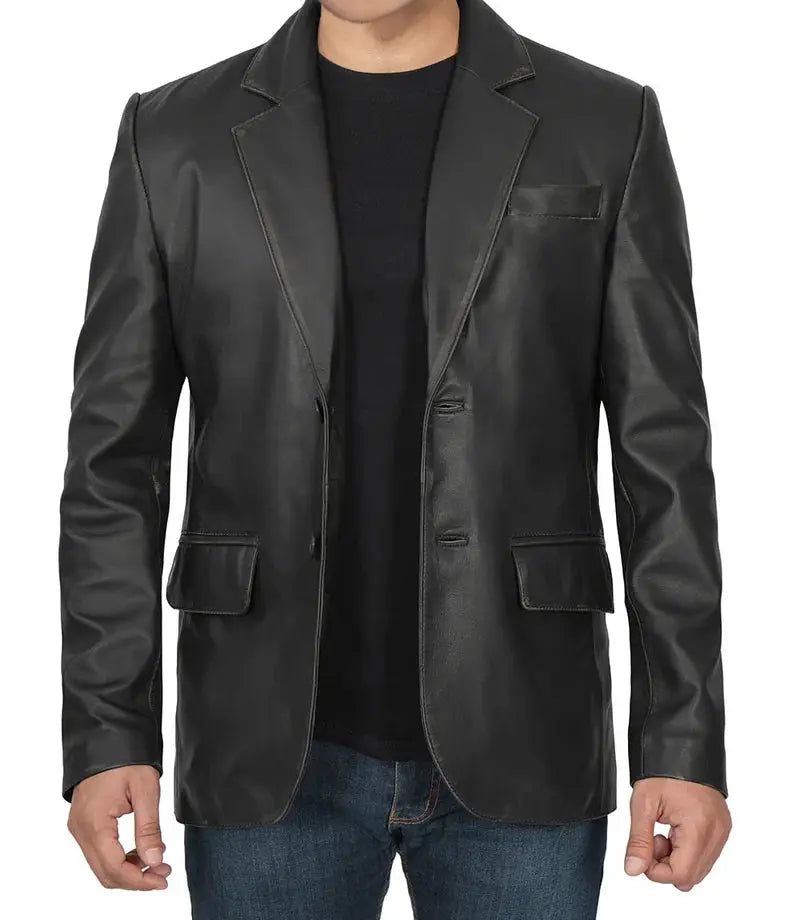 Men's Two Button Black Leather Blazer - Orca Cloths
