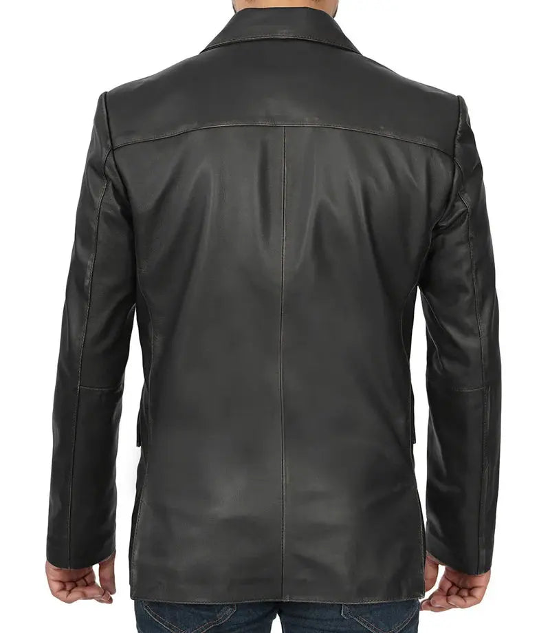 Men's Two Button Black Leather Blazer - Orca Cloths