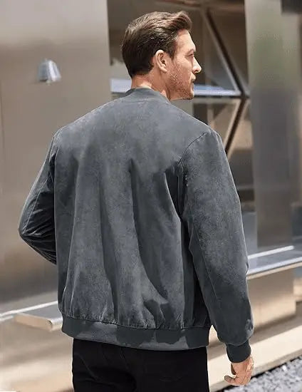 Men’s Varsity Bomber Jacket – Lightweight Vintage Faux Suede Coat with Zip and Pockets