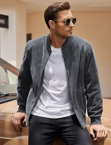 Men’s Varsity Bomber Jacket – Lightweight Vintage Faux Suede Coat with Zip and Pockets