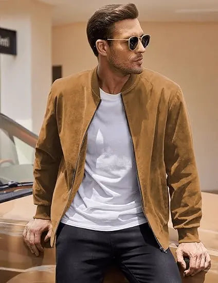 Men’s Varsity Bomber Jacket – Lightweight Vintage Faux Suede Coat with Zip and Pockets