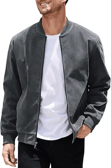 Men’s Varsity Bomber Jacket – Lightweight Vintage Faux Suede Coat with Zip and Pockets