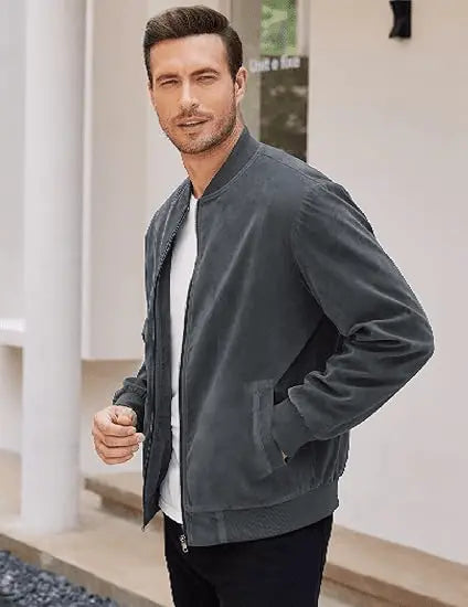 Men’s Varsity Bomber Jacket – Lightweight Vintage Faux Suede Coat with Zip and Pockets