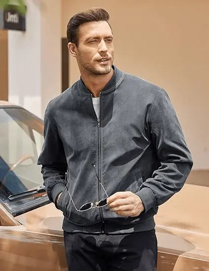 Men’s Varsity Bomber Jacket – Lightweight Vintage Faux Suede Coat with Zip and Pockets