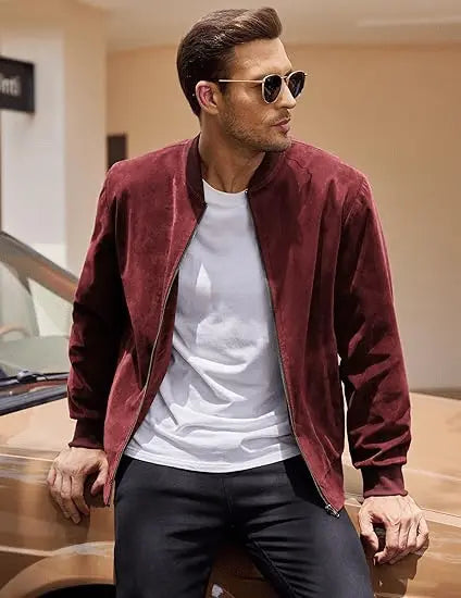 Men’s Varsity Bomber Jacket – Lightweight Vintage Faux Suede Coat with Zip and Pockets