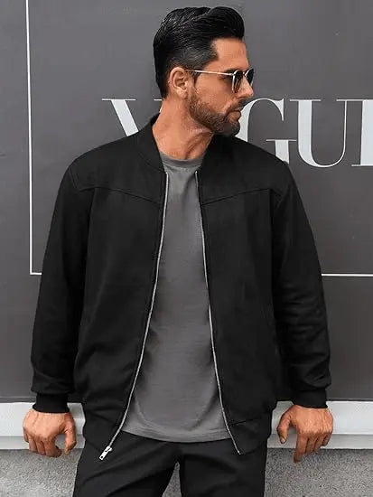 Men’s Varsity Suede Bomber Jacket – Lightweight Vintage Coat with Full Zip & Pockets