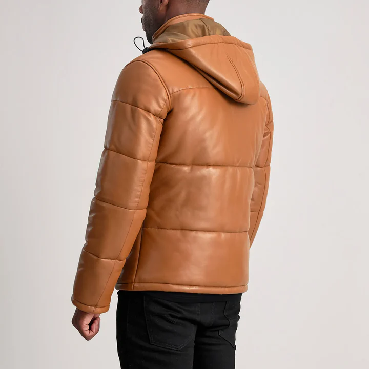 Gordon Men's Tan Hooded Leather Puffer Jacket