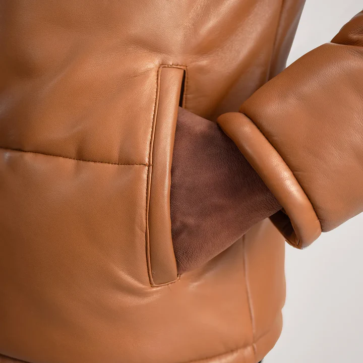 Gordon Men's Tan Hooded Leather Puffer Jacket