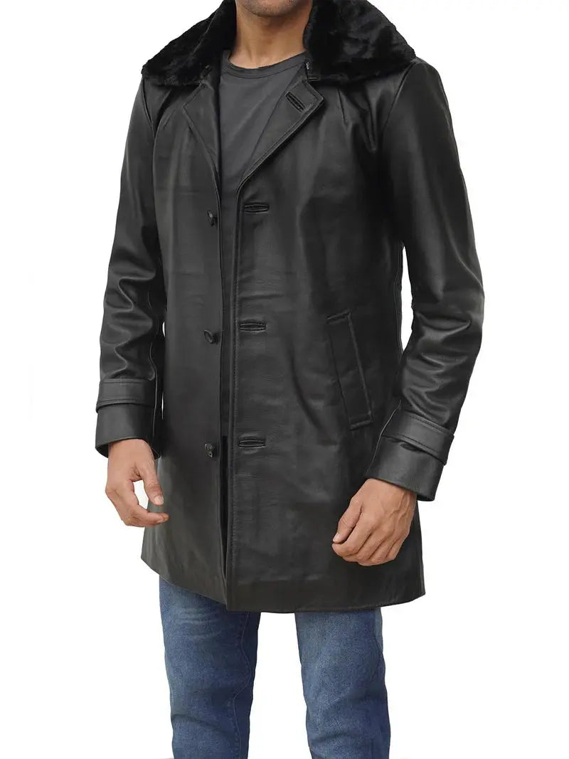 Mens 3/4 Black Leather Coat Shearling Collar - Orca Cloths