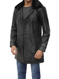 Mens 3/4 Black Leather Coat Shearling Collar - Orca Cloths