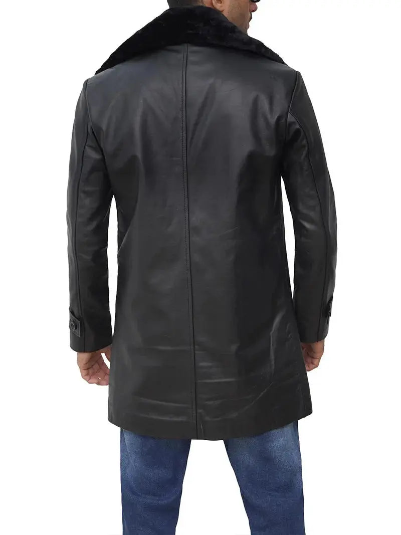 Mens 3/4 Black Leather Coat Shearling Collar - Orca Cloths
