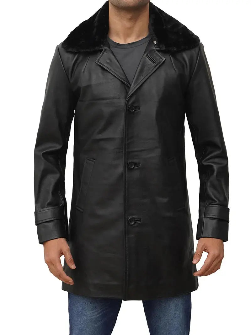 Mens 3/4 Black Leather Coat Shearling Collar - Orca Cloths