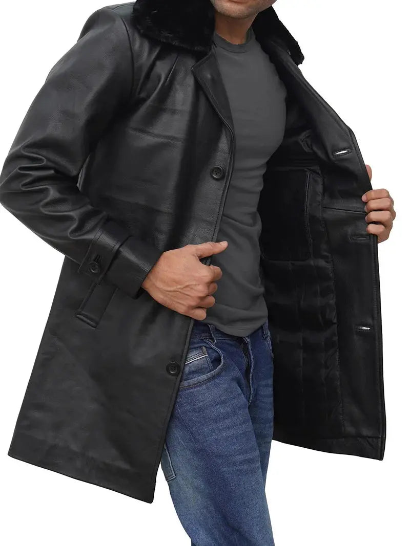 Mens 3/4 Black Leather Coat Shearling Collar - Orca Cloths